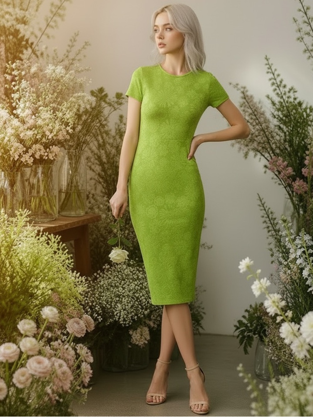 Heart & Hips JACQUARD KNIT FLOWER PATTERN MIDI DRESS Aloe Gel Green NWT - Picture 2 of 5